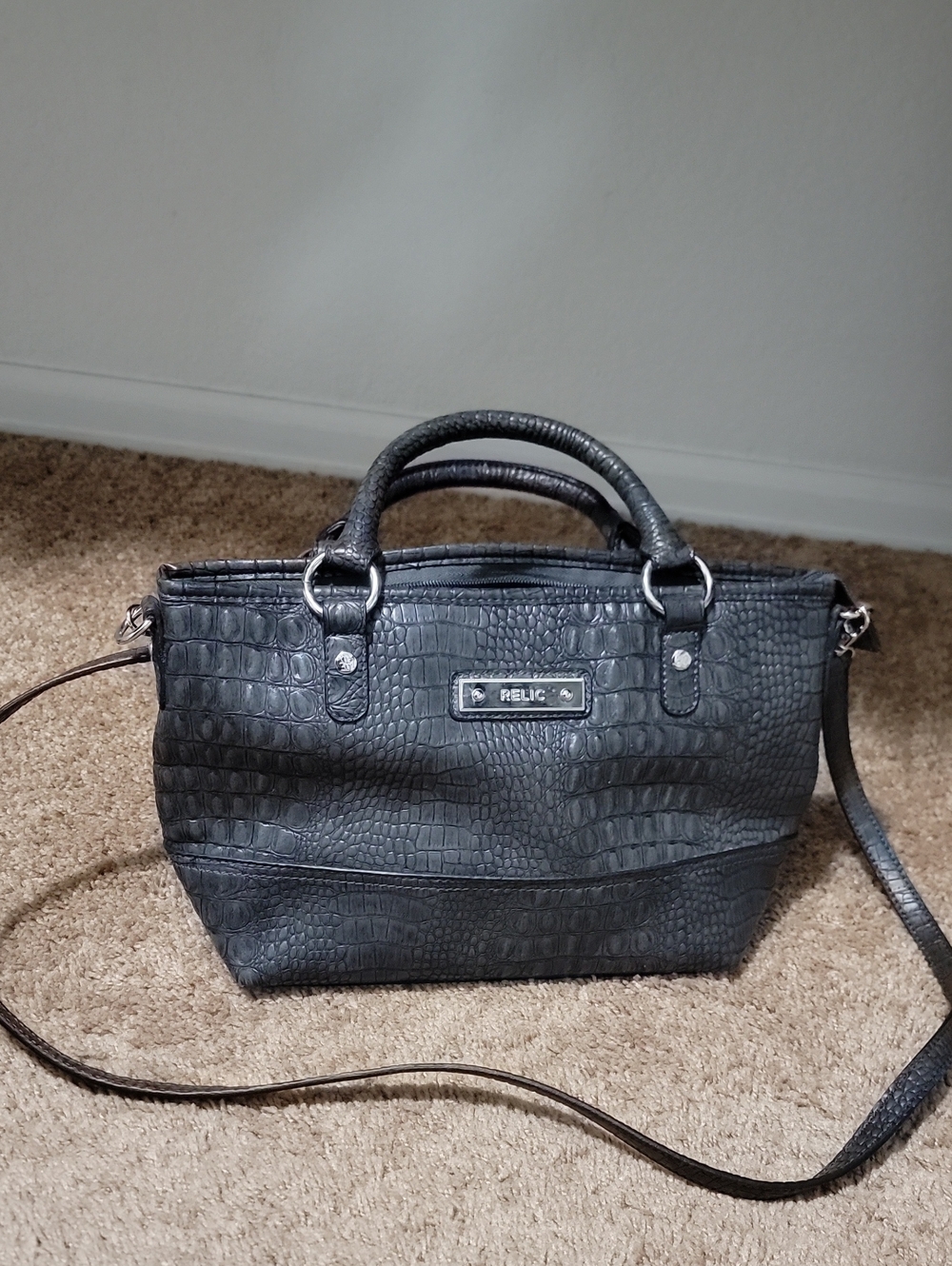 Relic Black Croc-Embossed Satchel with Detachable Strap